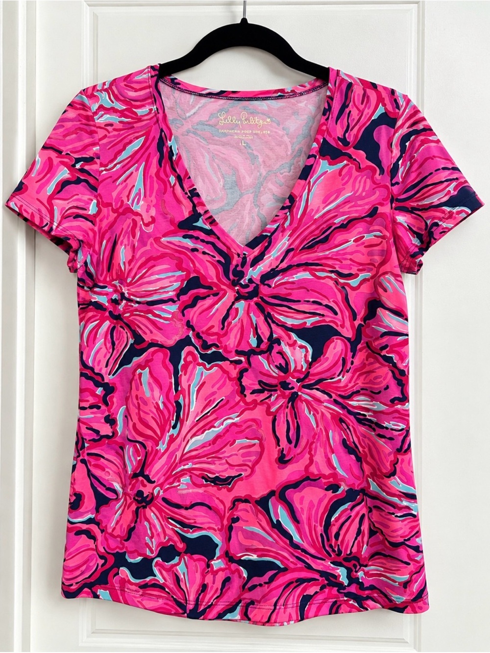 Lilly Pulitzer Hot Pink Floral V-Neck Short Sleeve Tee
